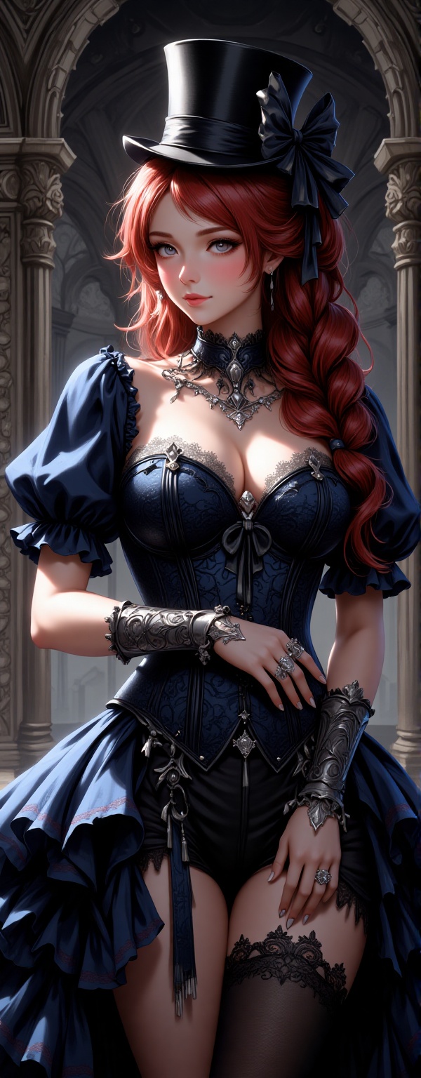 The painting depicts a beautiful woman dressed in exquisite Gothic clothing. The beauty had bright red hair which was tied...