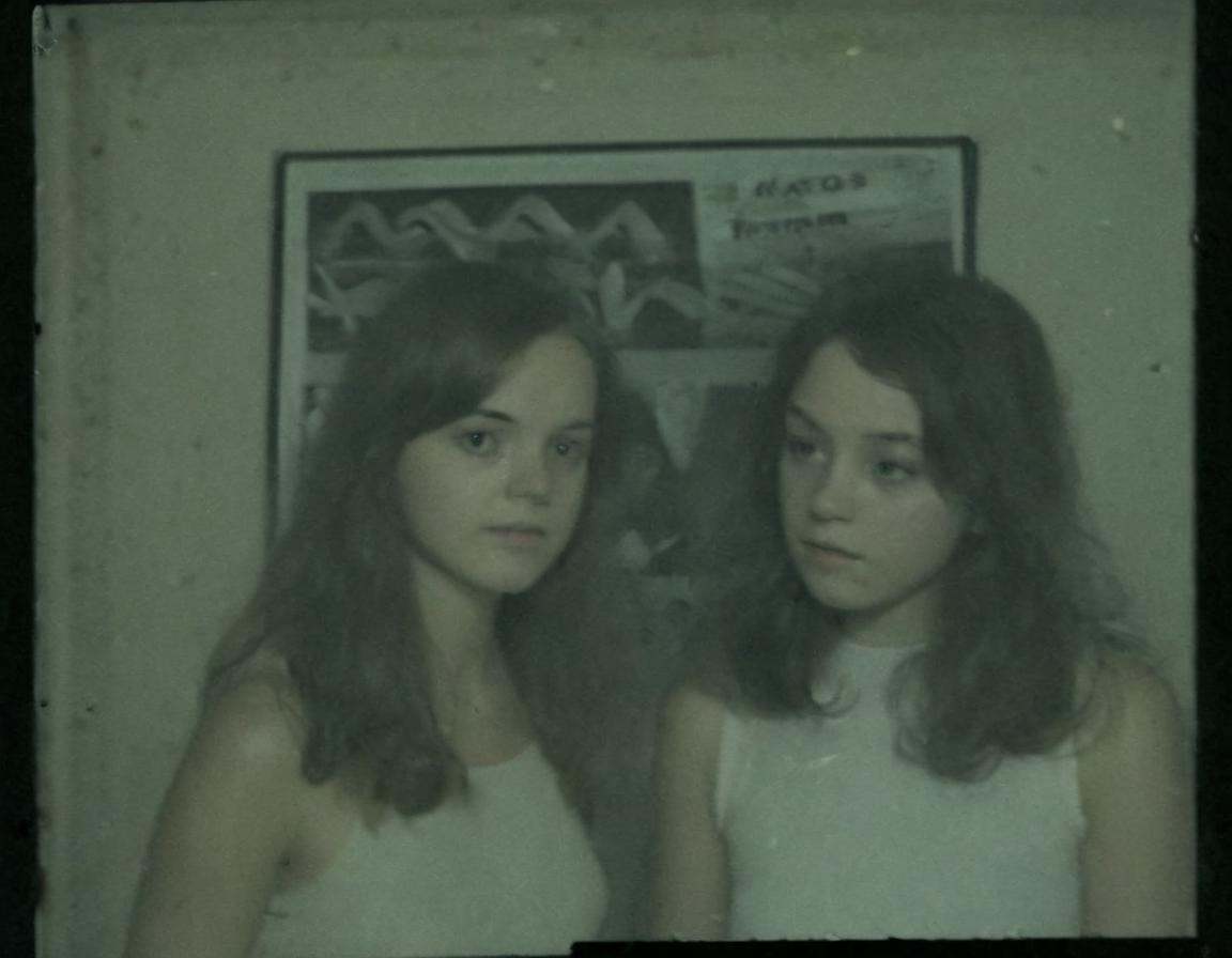 vhscore808,  Low-res,  Close-up shot of two young women standing indoors on Tensor.Art
