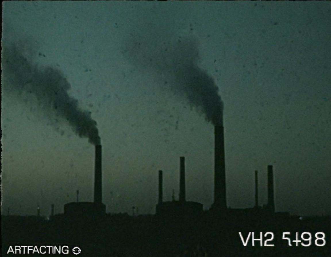 vhscore808,  A distorted,  VHS-style snapshot of industrial smokestacks piercing the twilight sky on Tensor.Art