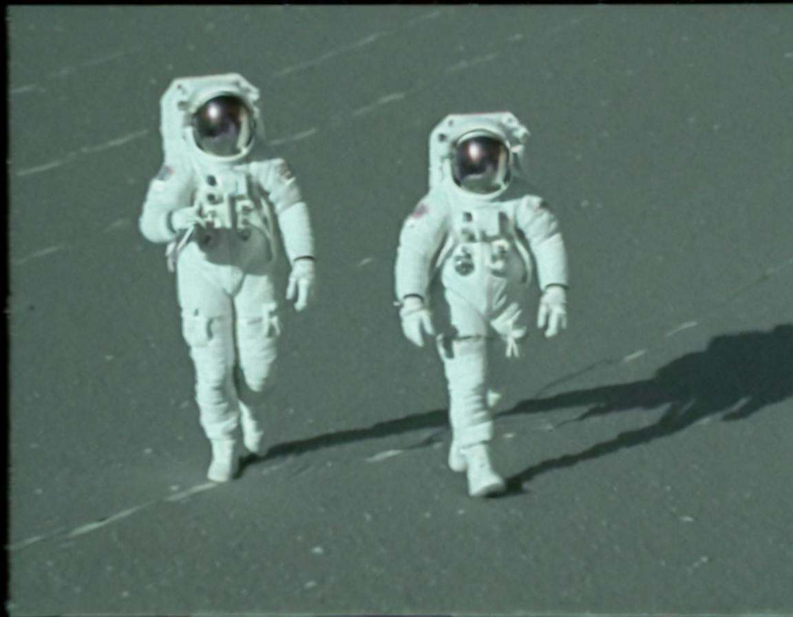 vhscore808,  Two astronauts walking on a surface,  low resolution on Tensor.Art