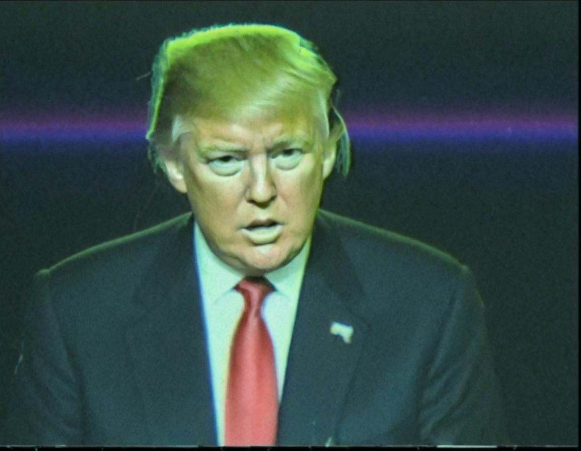 vhscore808,  A donald trump in suit,  heavily distorted with static and signal interference on Tensor.Art
