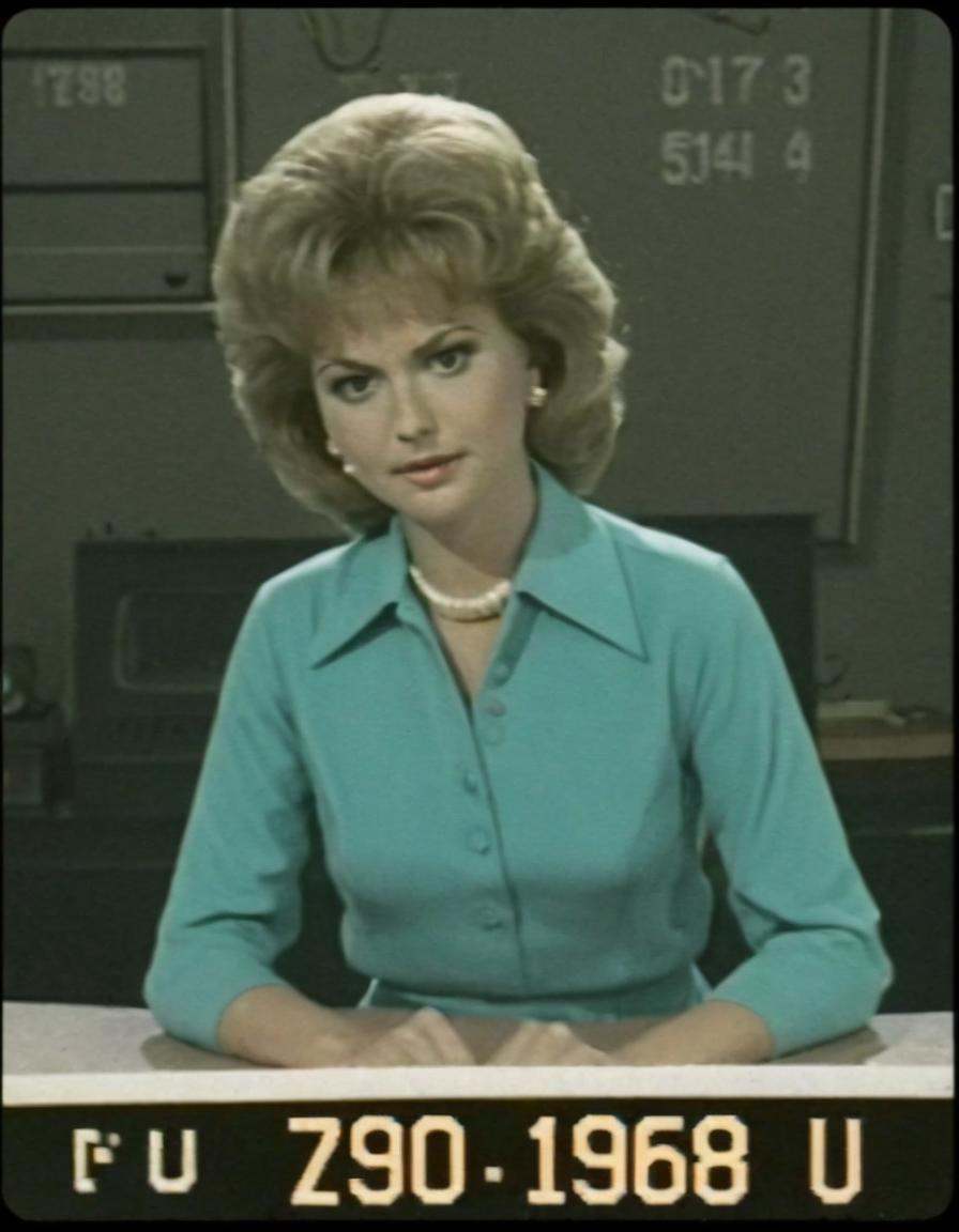 Vhscore808: A retro news broadcast from the 1970s. Anchorwoman,  sits confidently at a worn desk,  her hair styled in a si...