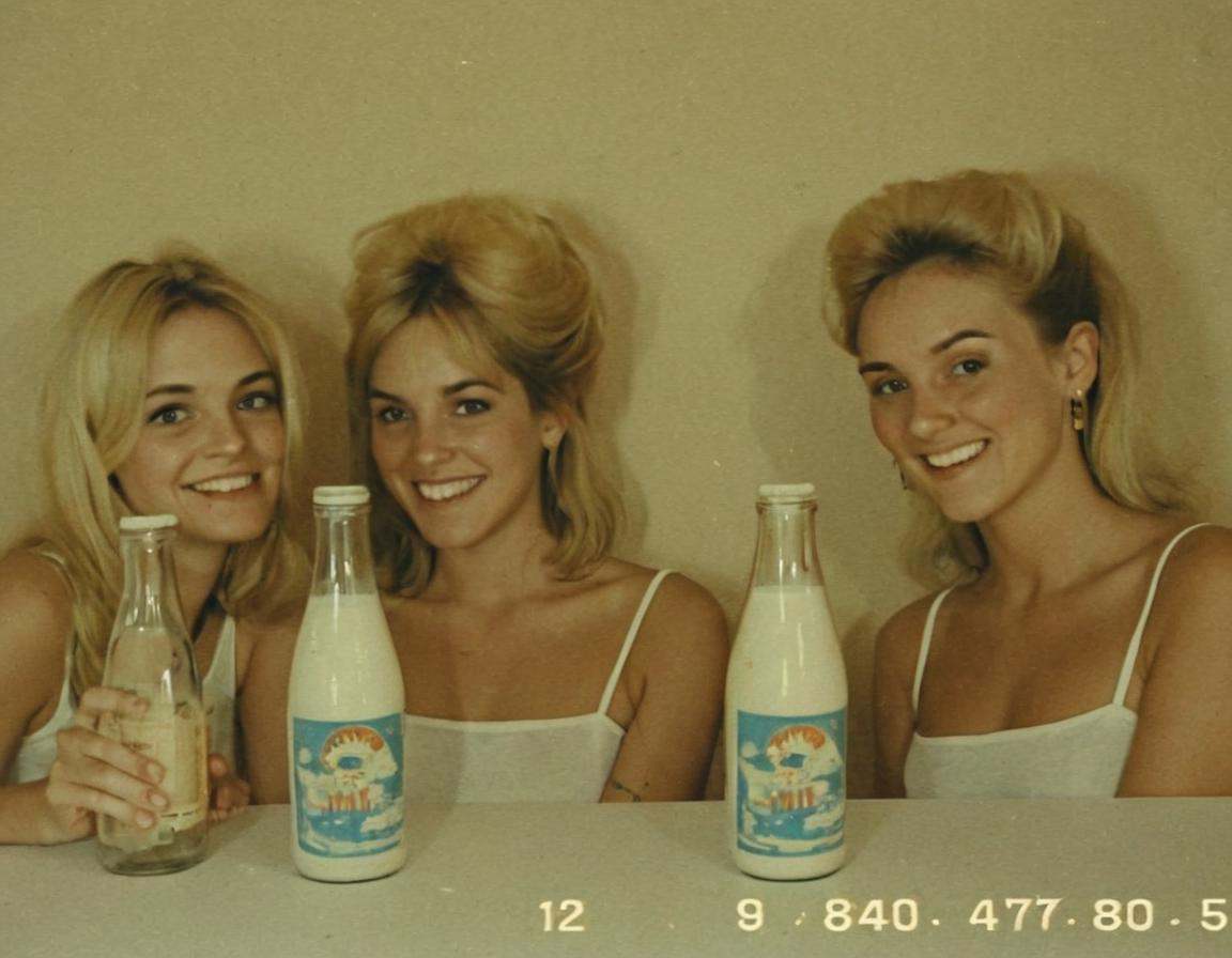 vhscore808,  A distorted,  VHS-style snapshot of nostalgic charm of milk ads in 1970. Soft-focus blonde women on Tensor.Art