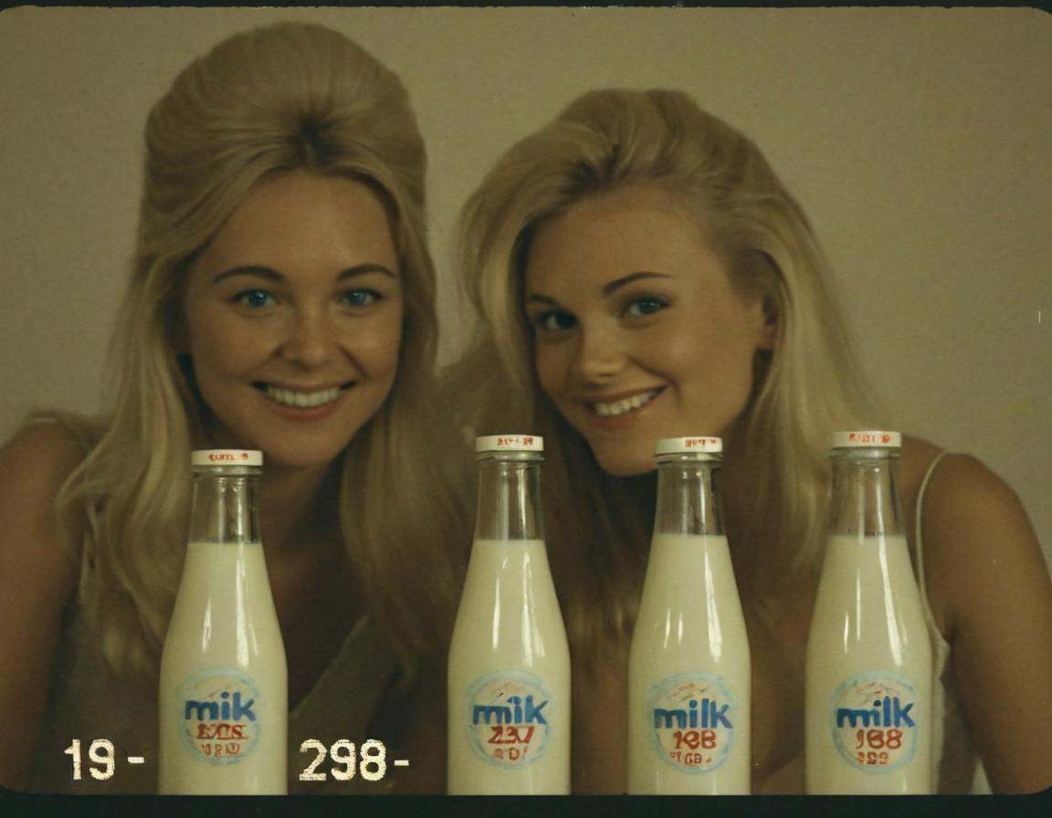 vhscore808,  A distorted,  VHS-style snapshot of nostalgic charm of milk ads in 1970. Soft-focus blonde women on Tensor.Art