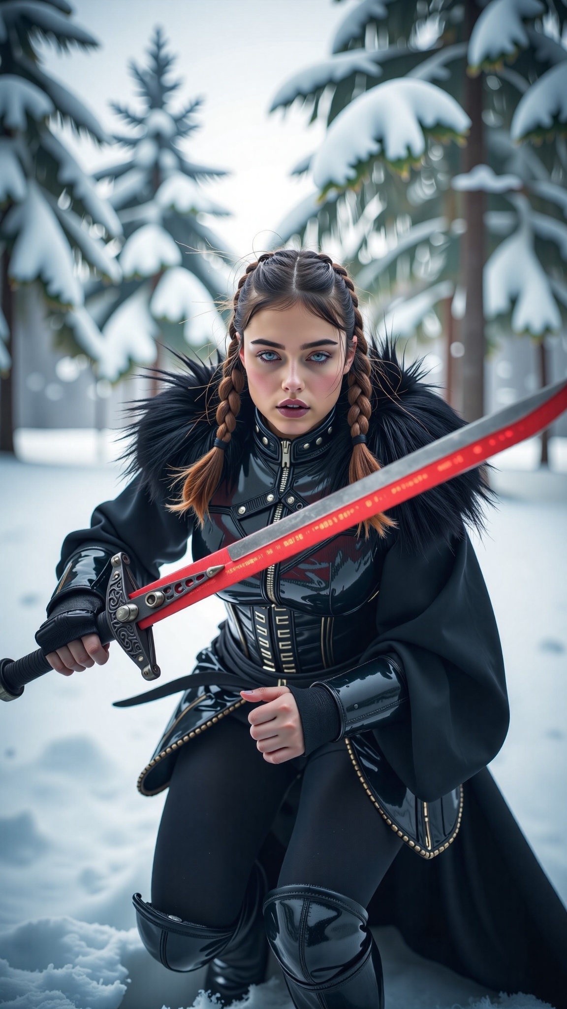 Frozen Fray: A Nordic barbarian warrior,  encased in battered black chrome armor,  charges forward amidst a blustery snowy...