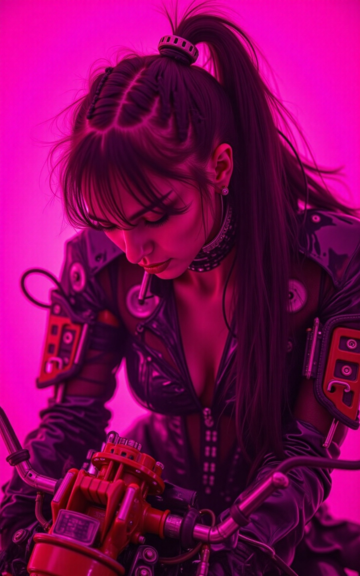 A cyberpunk-style artistic image set against a pink background,  featuring a female figure with long black hair working on...