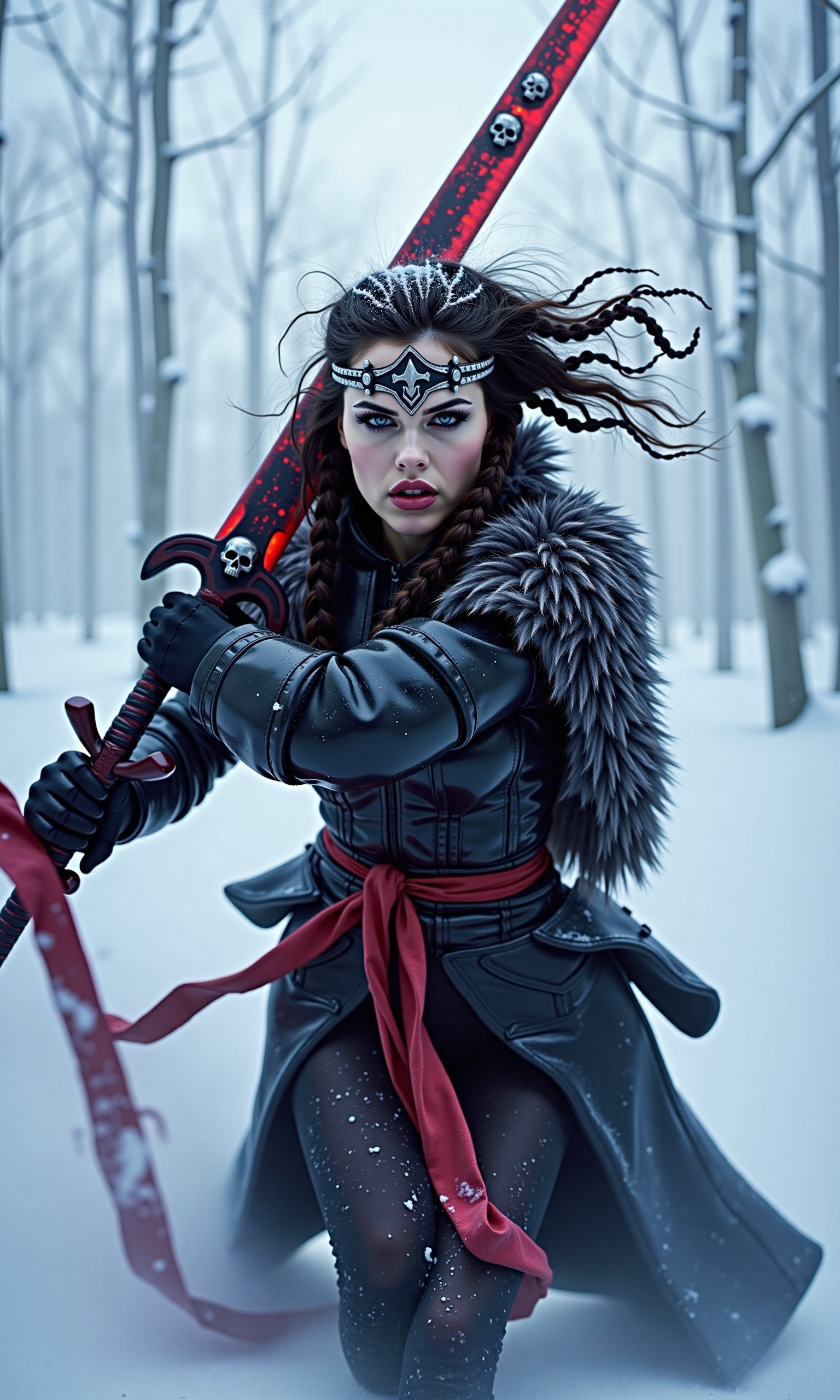 Frozen Fray: A Nordic barbarian warrior,  encased in battered black chrome armor,  charges forward amidst a blustery snowy...