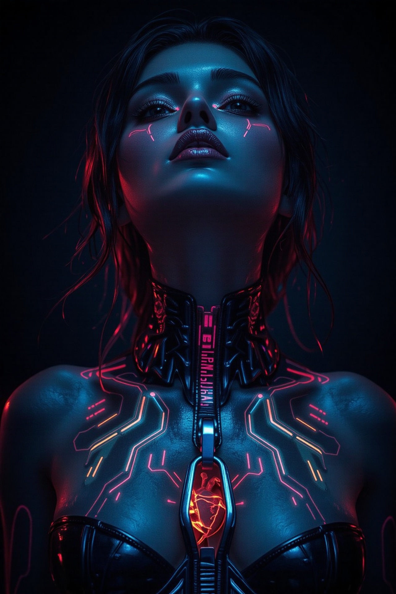 A photo of a Mayan art style cyber girl with a zipper on her chest and electronic circuit veins,  a vivid heart inside. Th...