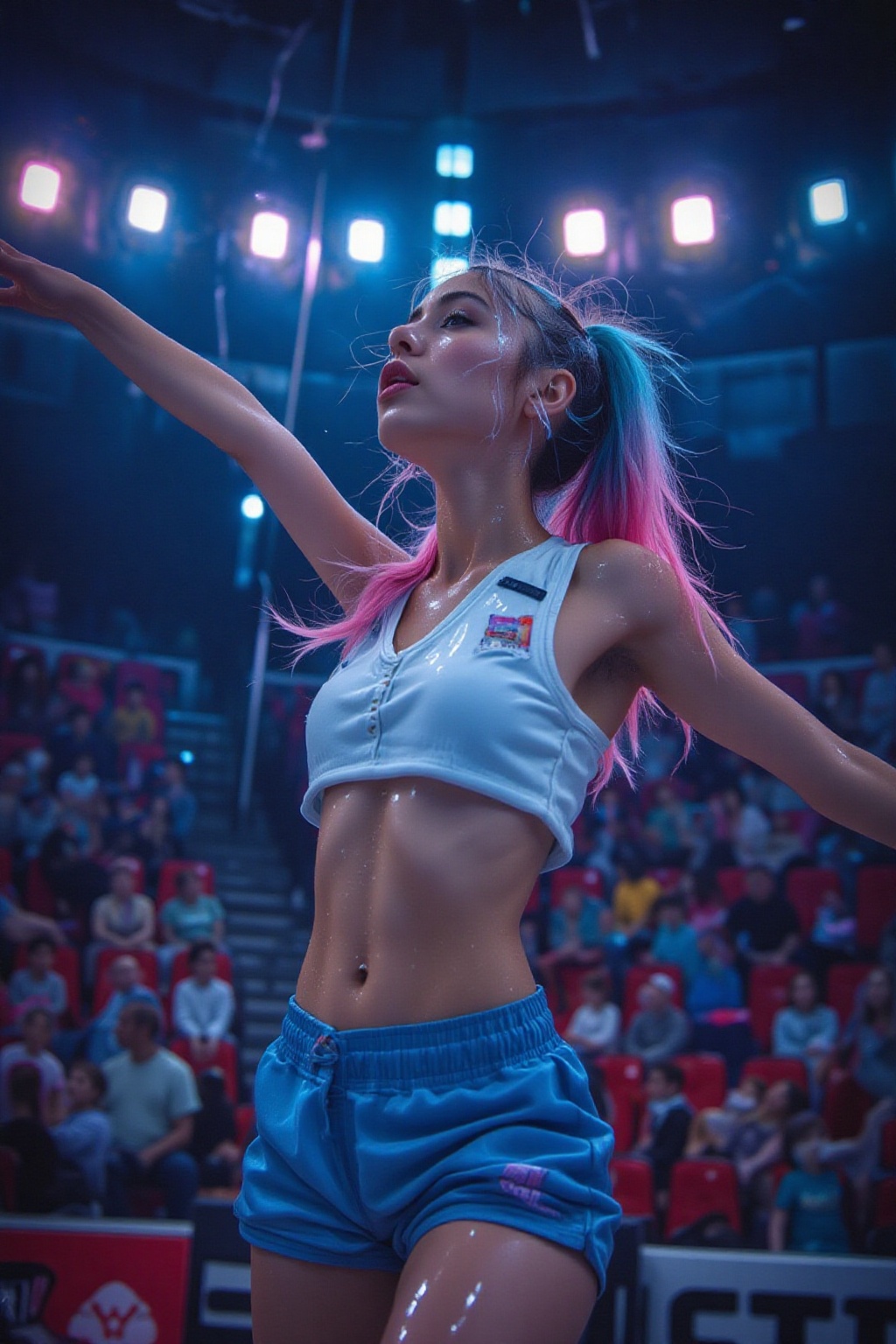 A young,  athletic Asian woman with long pink and blue hair tied in a high twin ponytail,  wearing a sleeveless white crop...