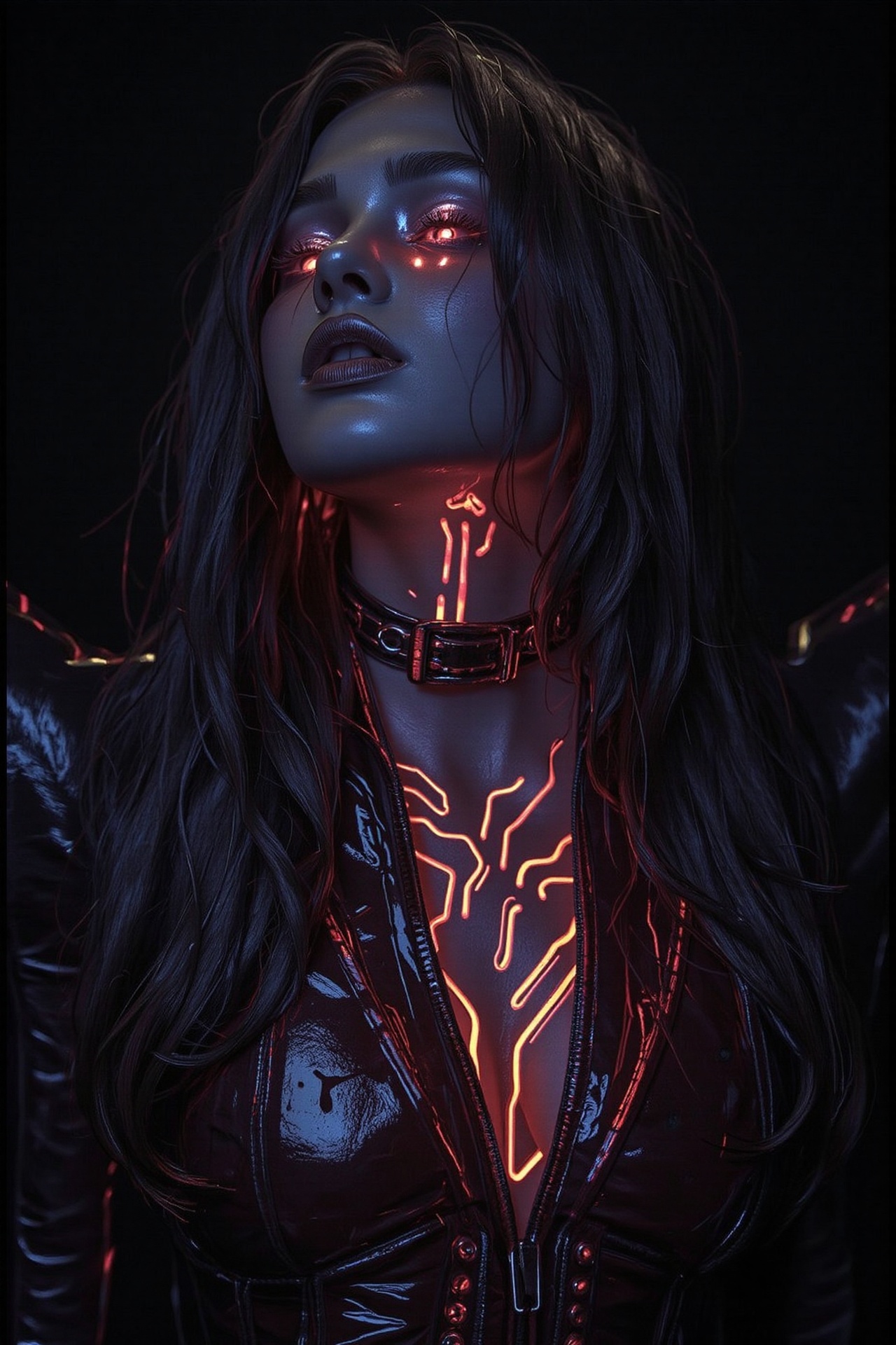 A photo of a Mayan art style cyber girl with a zipper on her chest and electronic circuit veins,  a vivid heart inside. Th...