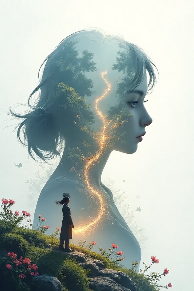 Silhouette of a girl in a scenery of a magical world,  fantastic scenery of another world,  close-up on Tensor.Art