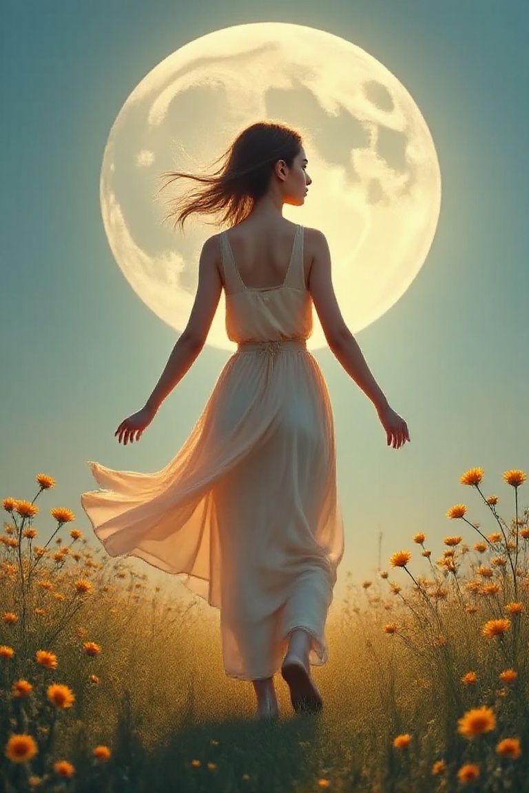 a painting of a girl walking in a field under a full moon,  in the style of graceful movement,  orange and azure on Tensor...