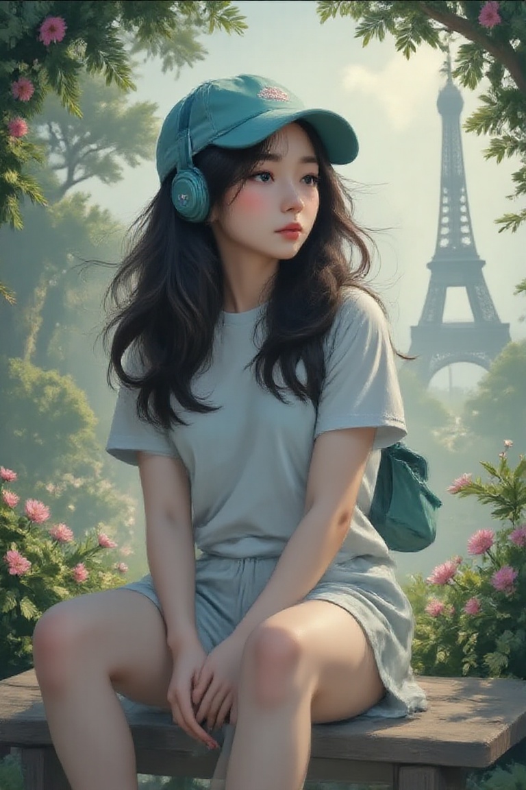 Master piece,  generate image of a Girl with headphones,  cap on Tensor.Art