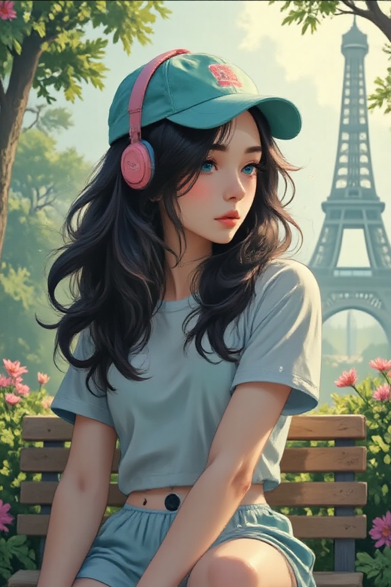 Master piece,  generate image of a Girl with headphones,  cap on Tensor.Art