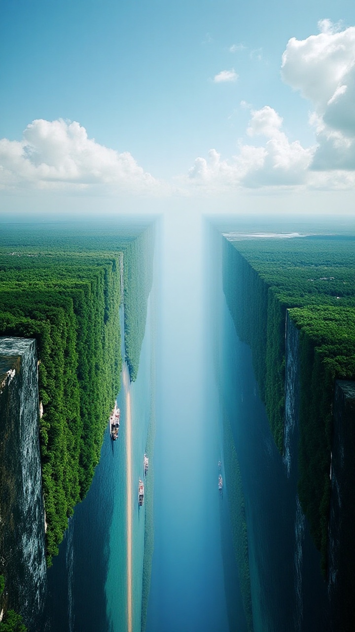 MindBendingLandscap of sea,  forest,  and clouds the horizon bends at a perfect 90-degree on Tensor.Art