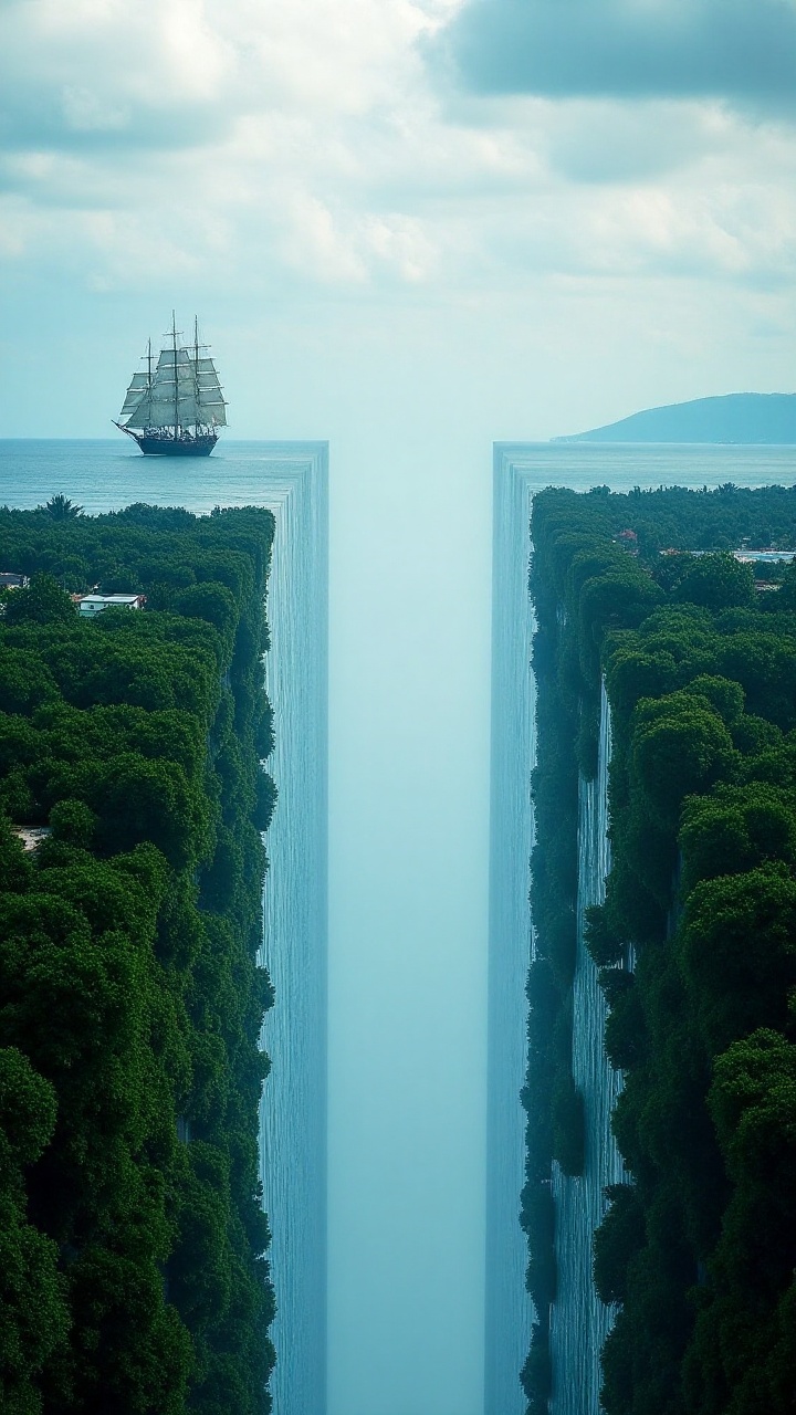 MindBendingLandscape of sea,  forest,  and clouds. the horizon bends perfectly 90 degrees upward on Tensor.Art