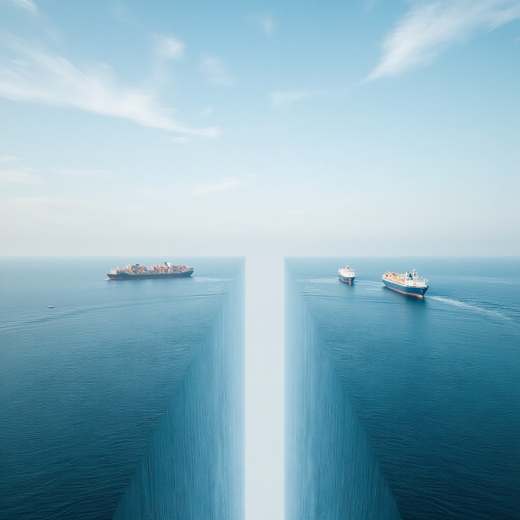 MindBendingLandscap of sea the horizon bends at a perfect 90-degree,  there are ships in the vertical area on Tensor.Art