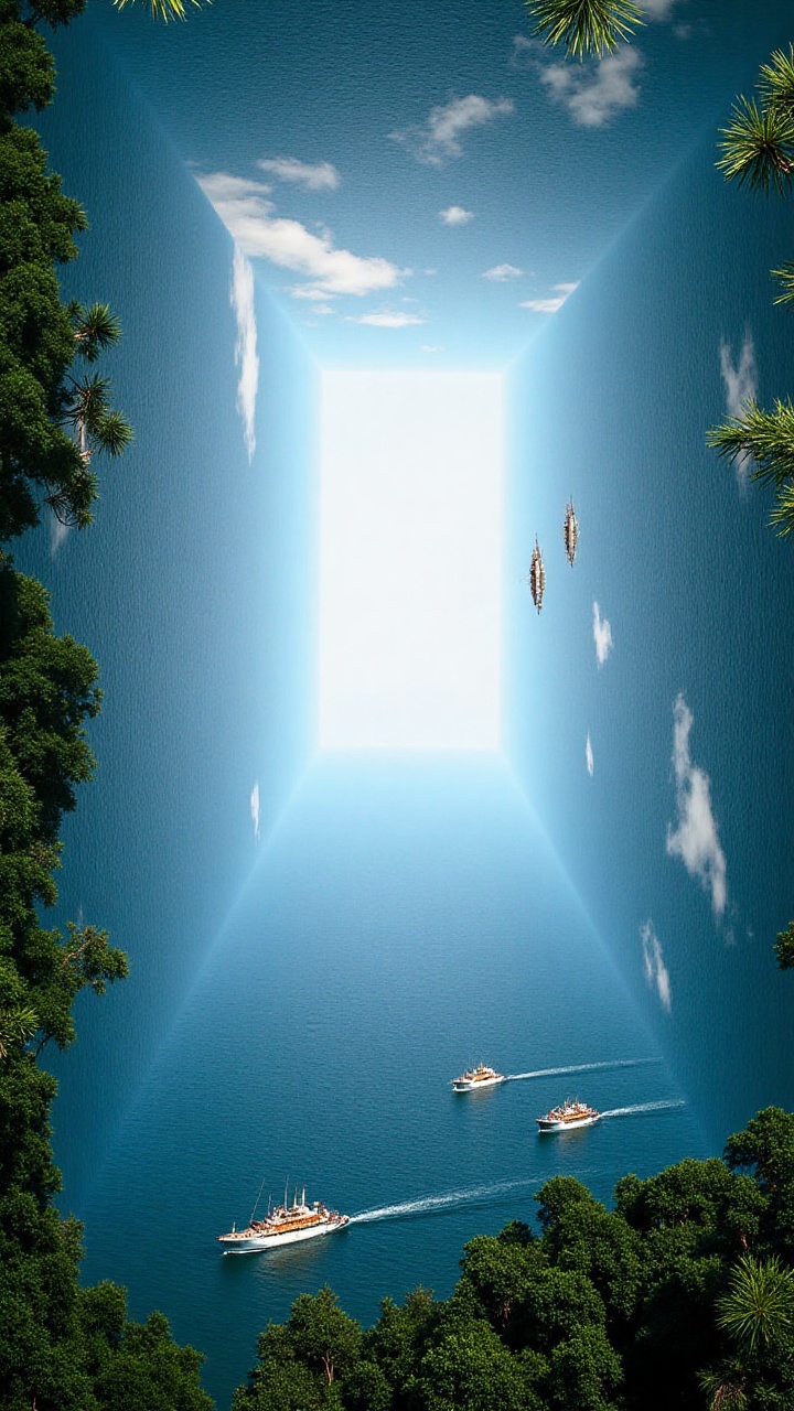 MindBendingLandscape of sea,  forest,  and clouds. the horizon bends perfectly 90 degrees upward on Tensor.Art