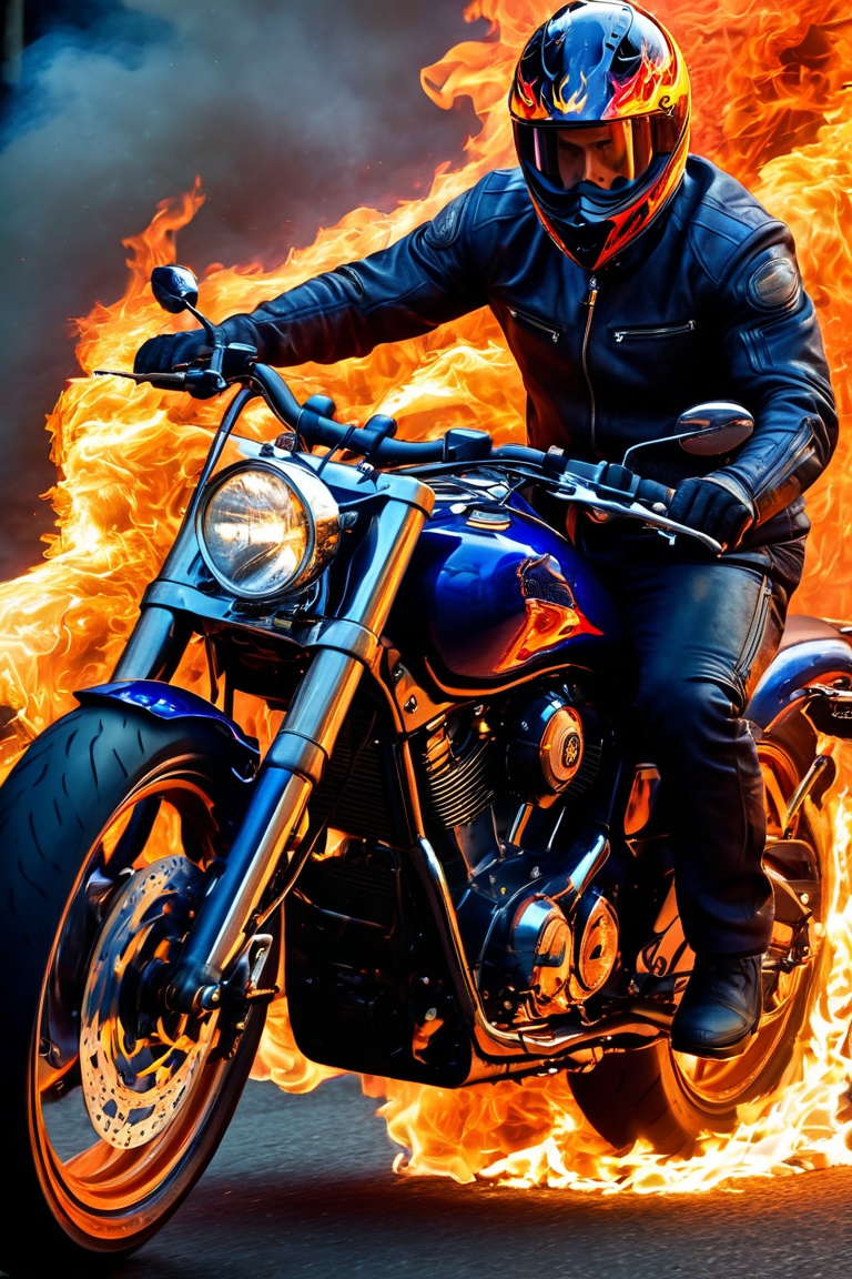Man ,  on fire,  riding motorcycle on Tensor.Art