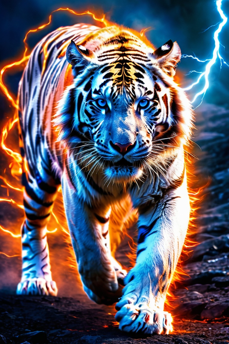 Powerful white tiger,  center frame,  walking forward on Tensor.Art