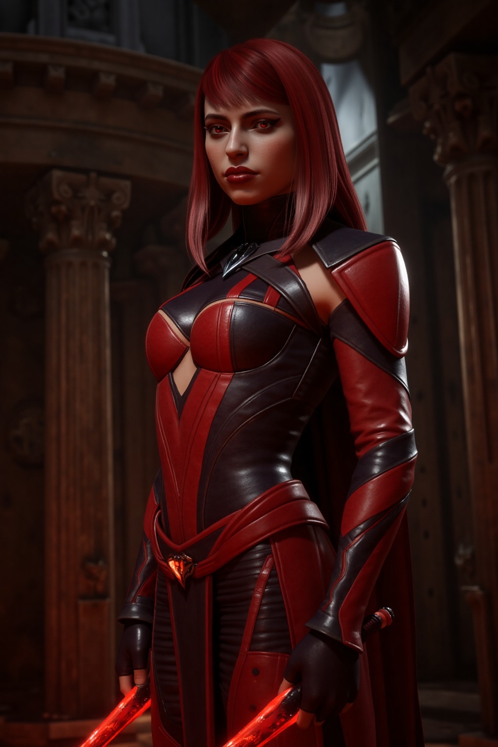 Ultra realistic 3D render of a young woman (Skarlet) with long red hair,  wearing a red armored bodysuit with black accent...