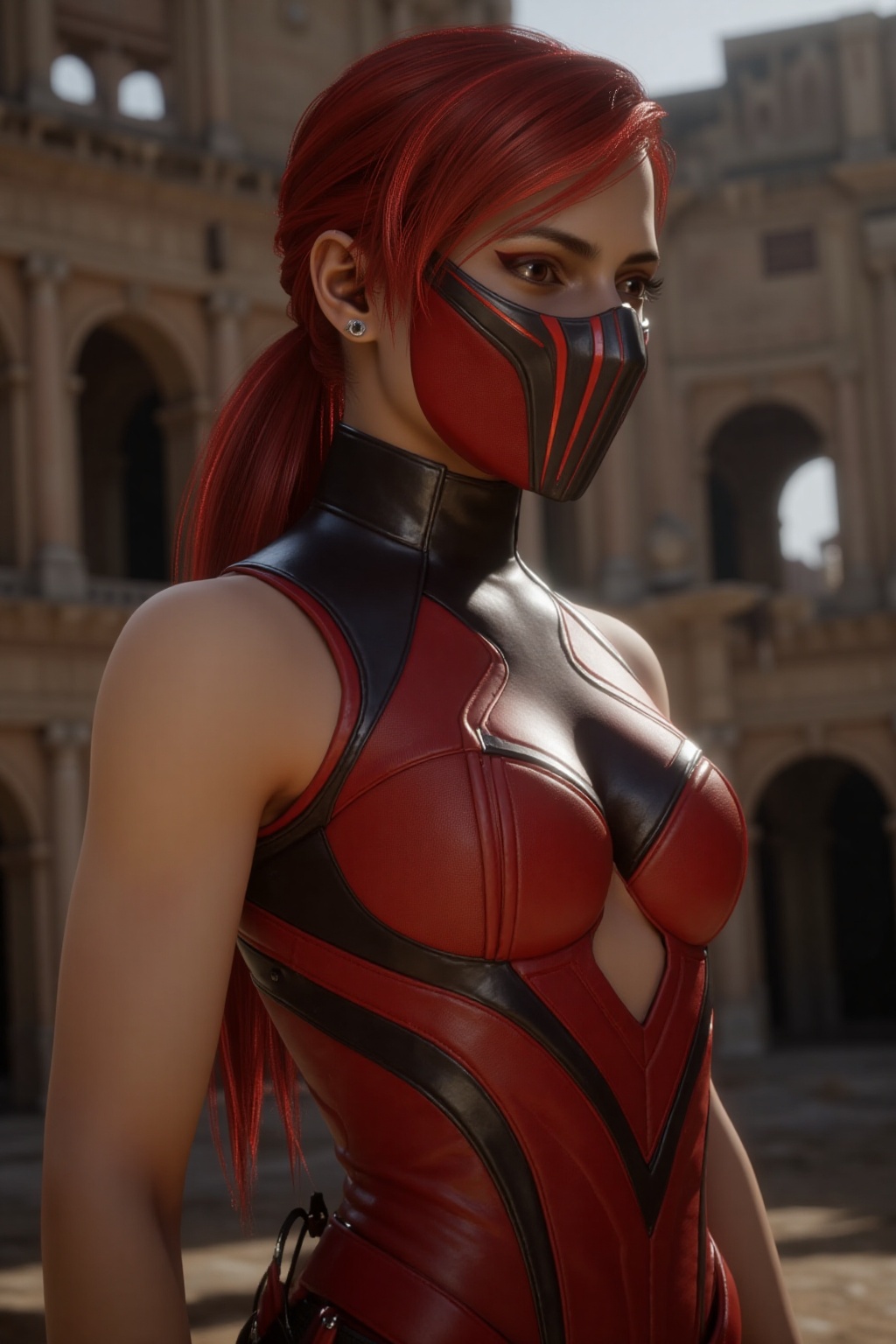 Ultra realistic 3D render of a young woman (Skarlet) with red hair tied up in a ponytail,  wearing a red sleeveless bodysu...