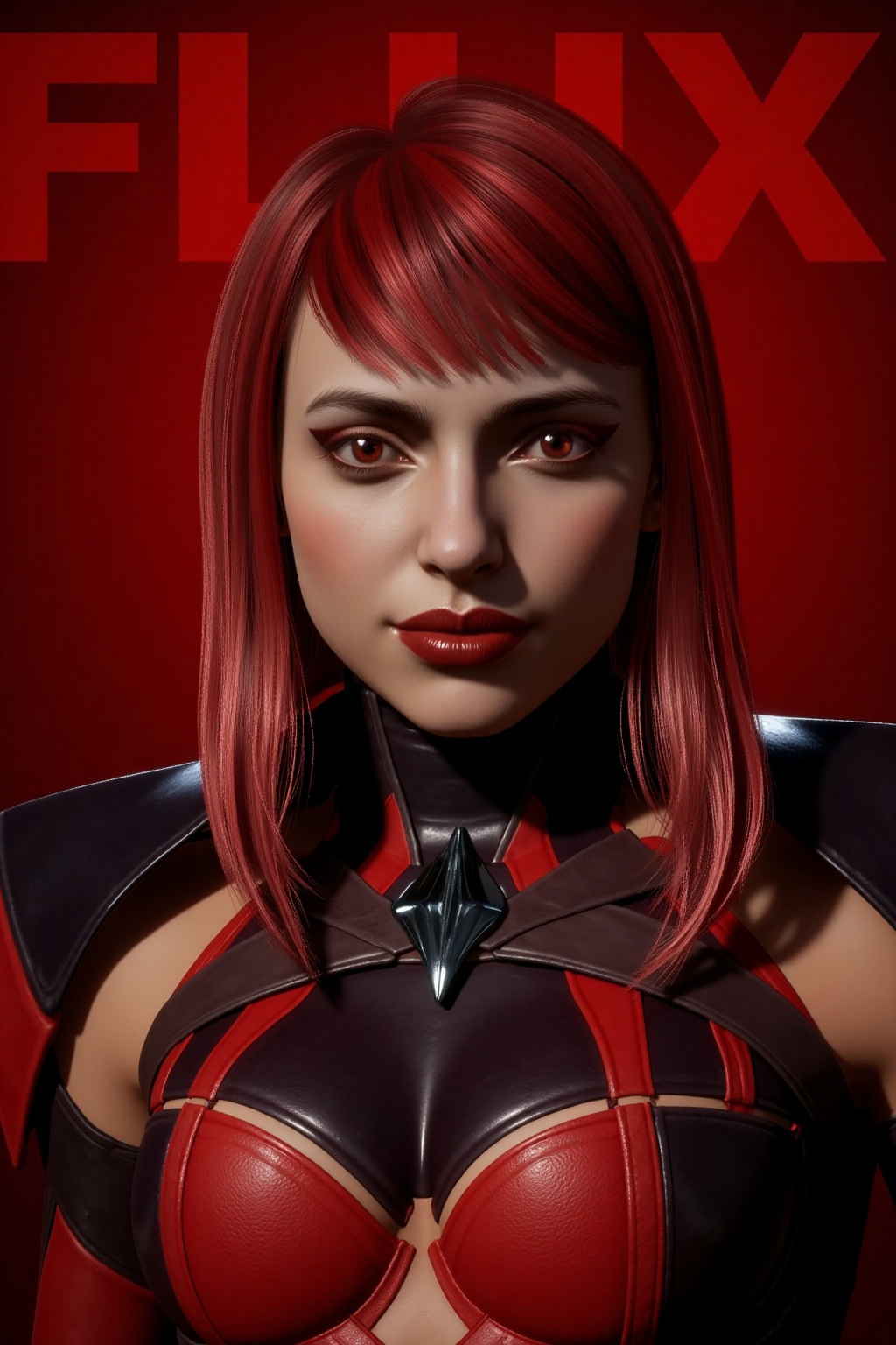 Ultra realistic 3D render of a young woman (Skarlet) with long red hair,  wearing a red armored bodysuit with black accent...
