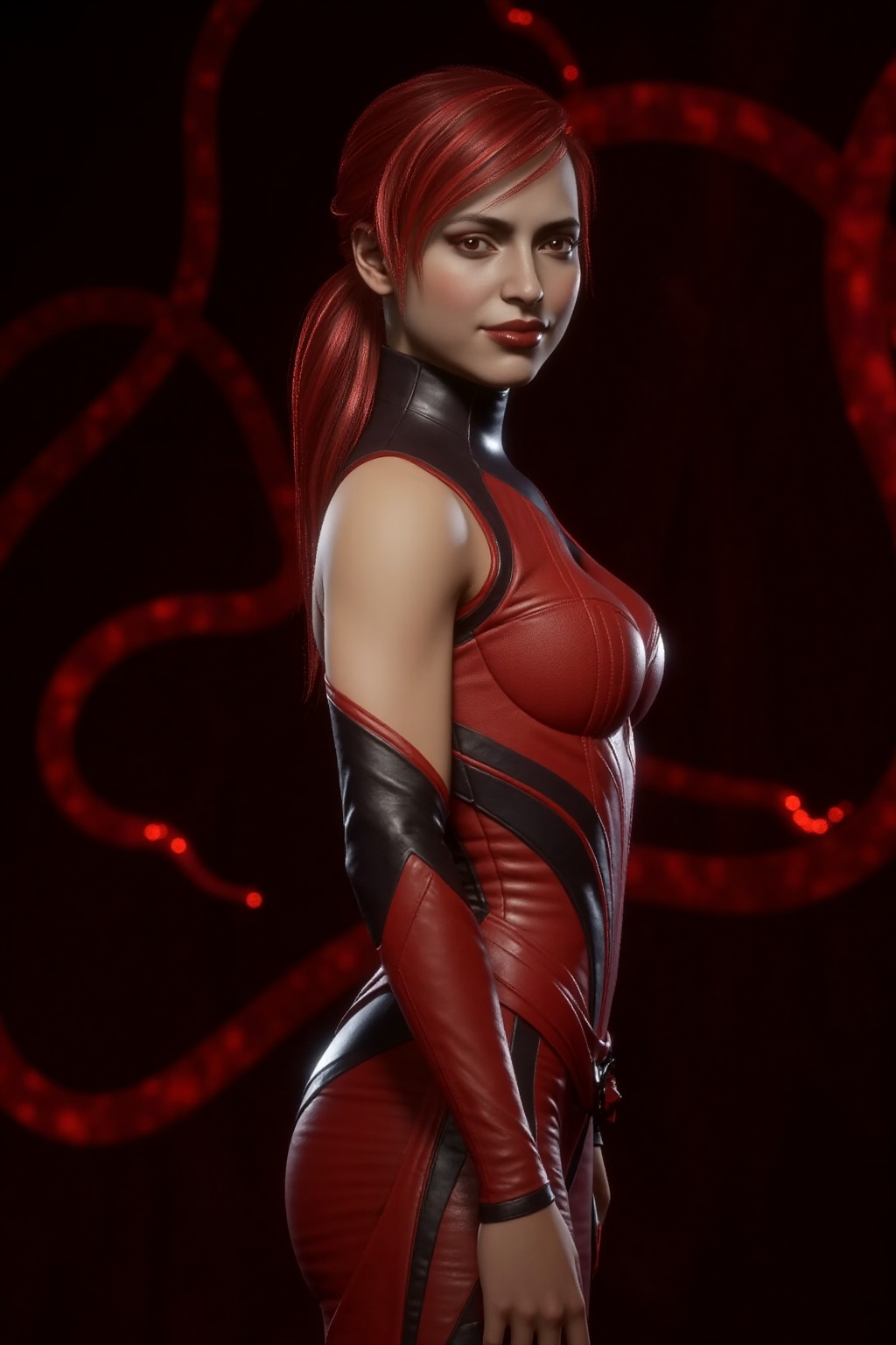 Ultra realistic 3D render of a young woman (Skarlet) with red hair tied up in a ponytail,  wearing a red sleeveless bodysu...