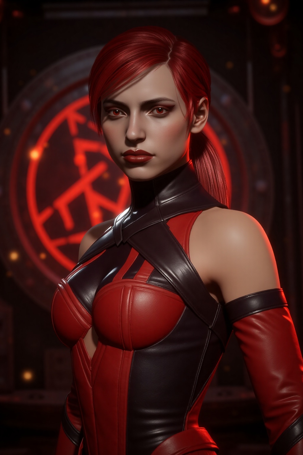 Ultra realistic 3D render of a young woman (Skarlet) with red hair tied up in a ponytail,  wearing a red sleeveless bodysu...
