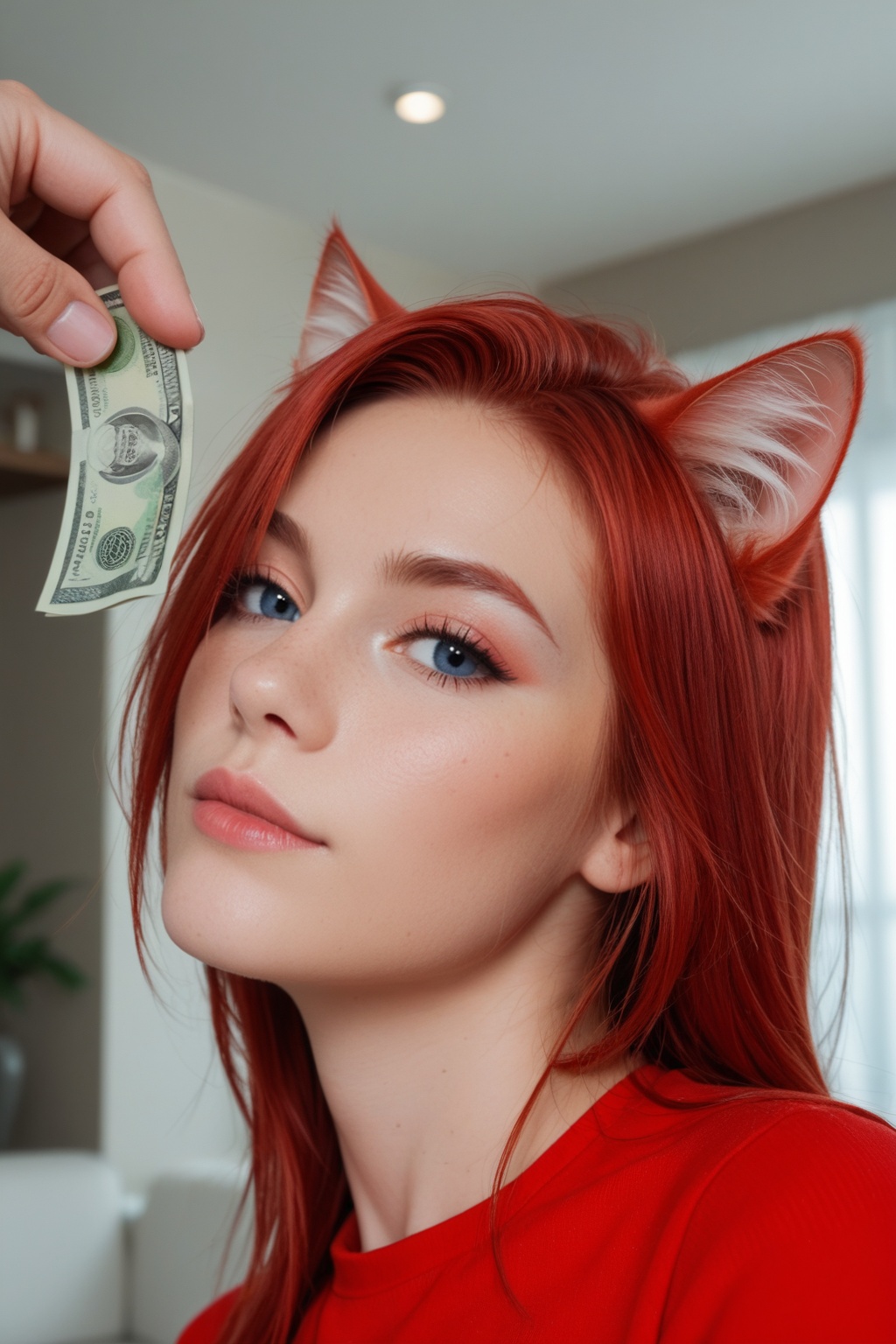 a red-haired cat who is handed money,  and the cat has a fish in its paws extremely intricate details,  detailxl on Tensor...