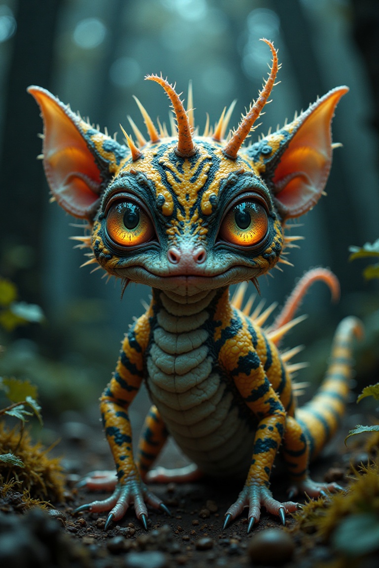 A close-up shot of a weirdling monster that is both cute and unsettling,  with large snake-like eyes glowing in the dark....