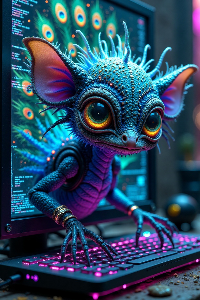 A cinematic close-up of a cyber-organic chimera blending aye-aye and peacock traits,  emerging from a glitching computer m...