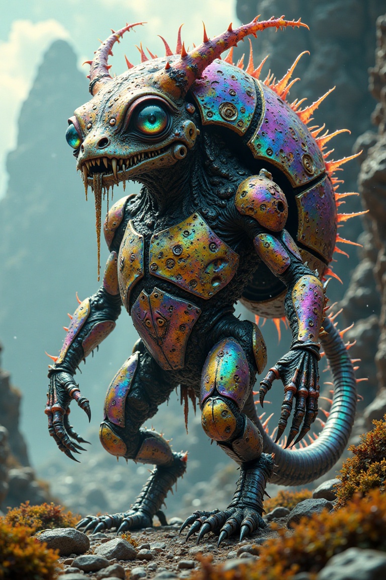 A towering chimera stands against a distorted digital landscape,  its patchwork body dominating the frame. The quokka-like...