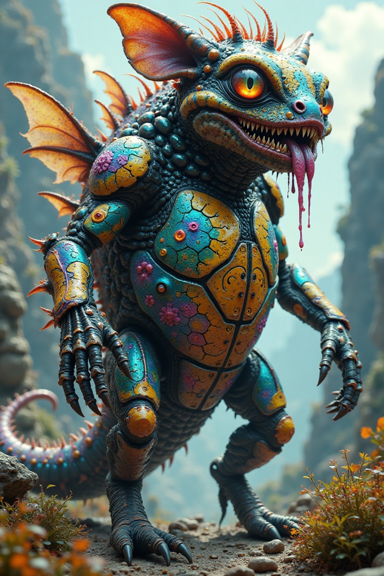 A towering chimera stands against a distorted digital landscape,  its patchwork body dominating the frame. The quokka-like...