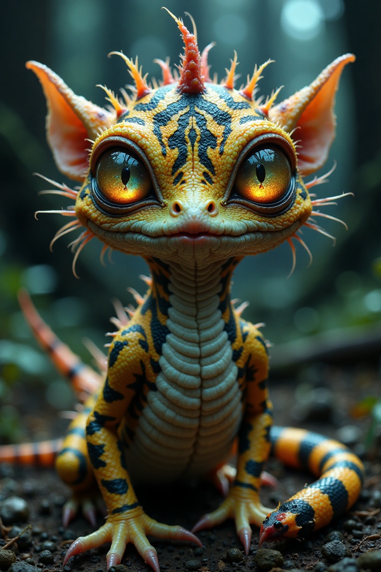 A close-up shot of a weirdling monster that is both cute and unsettling,  with large snake-like eyes glowing in the dark....