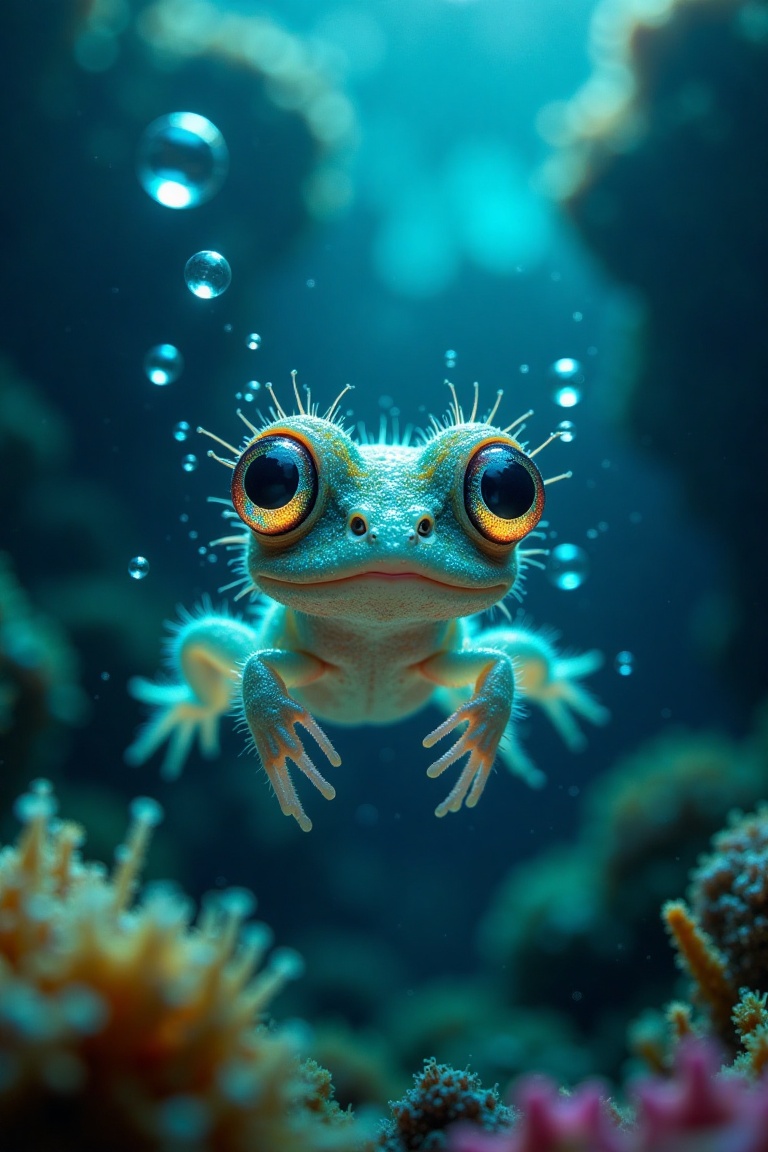 An underwater shot of a cute weirdling resembling a frog,  with three big bioluminescent eyes glowing softly. The creature...