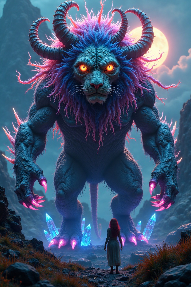 A majestic yet bizarre weirdling lion monster stands in a surreal landscape,  its massive form dominating the frame. Its l...