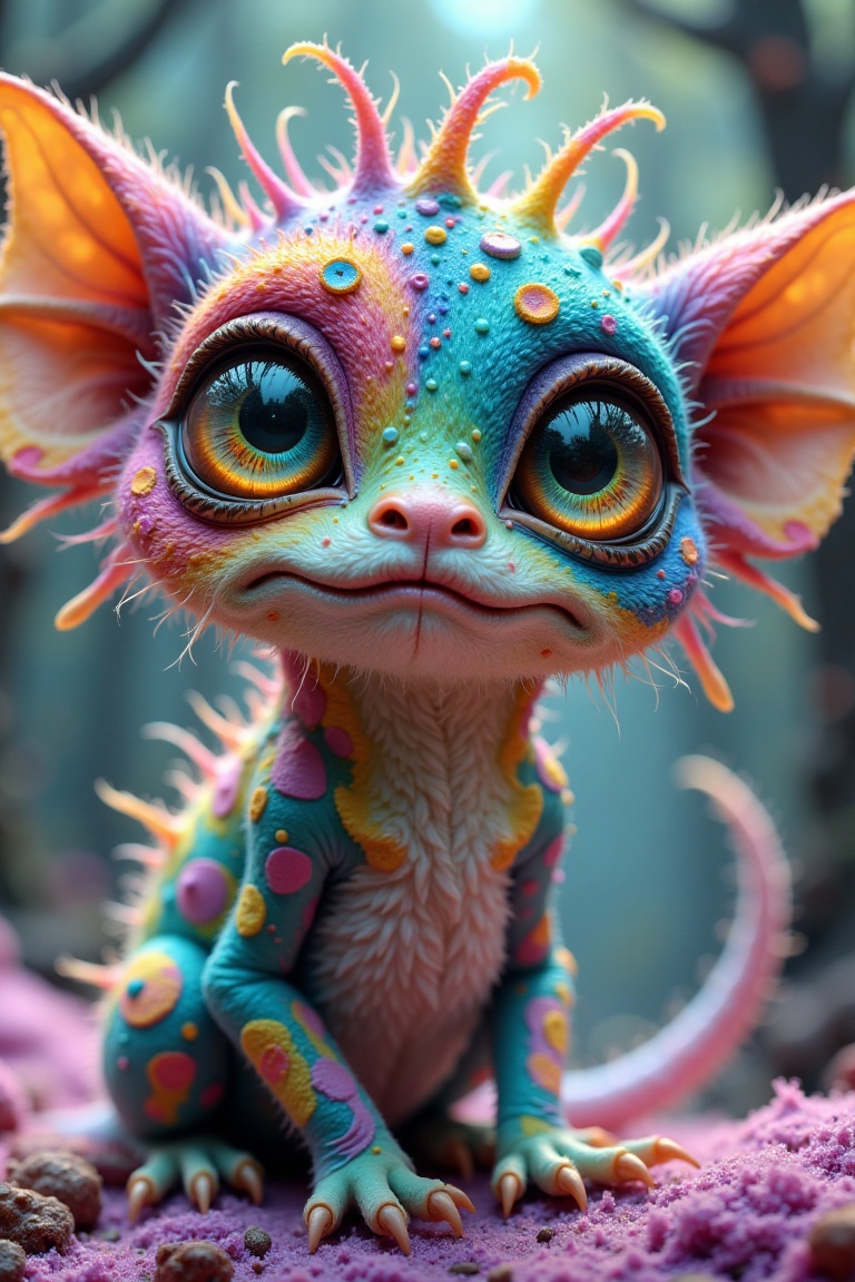 A close-up shot of a cute weirdling fantasy creature with enormous,  expressive eyes that dominate the frame. Vibrant,  co...