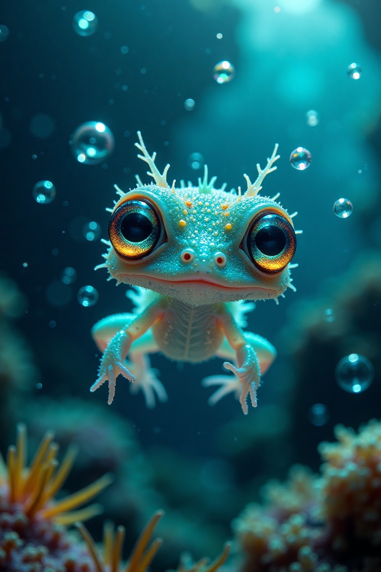 An underwater shot of a cute weirdling resembling a frog,  with three big bioluminescent eyes glowing softly. The creature...