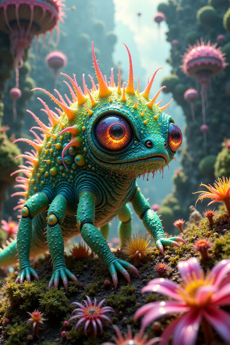 A marvelous futuristic chimera-like Daifierite,  a jovial and diminutive Echinodermata creature,  perched amidst the canop...