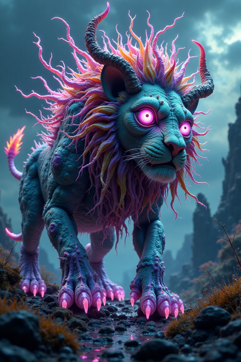A majestic yet bizarre weirdling lion monster stands in a surreal landscape,  its massive form dominating the frame. Its l...