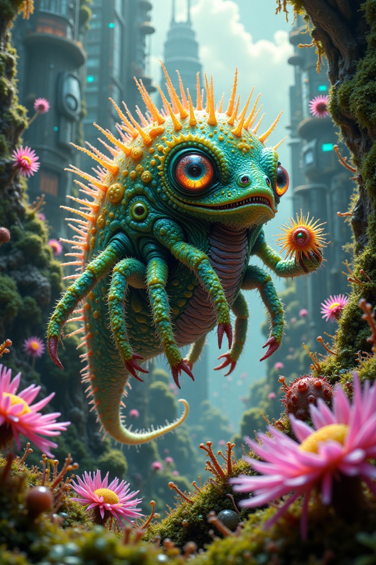 A marvelous futuristic chimera-like Daifierite,  a jovial and diminutive Echinodermata creature,  perched amidst the canop...