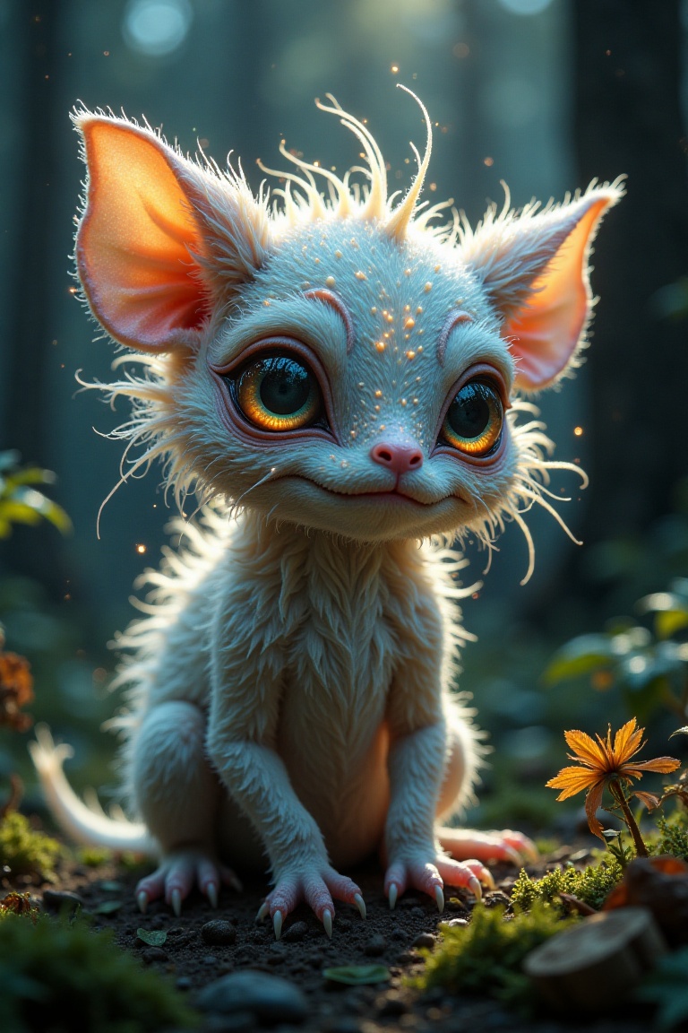 A small weirdling creature,  fluffy and radiant with soft glowing highlights,  captured in intricate detail. The shot is f...