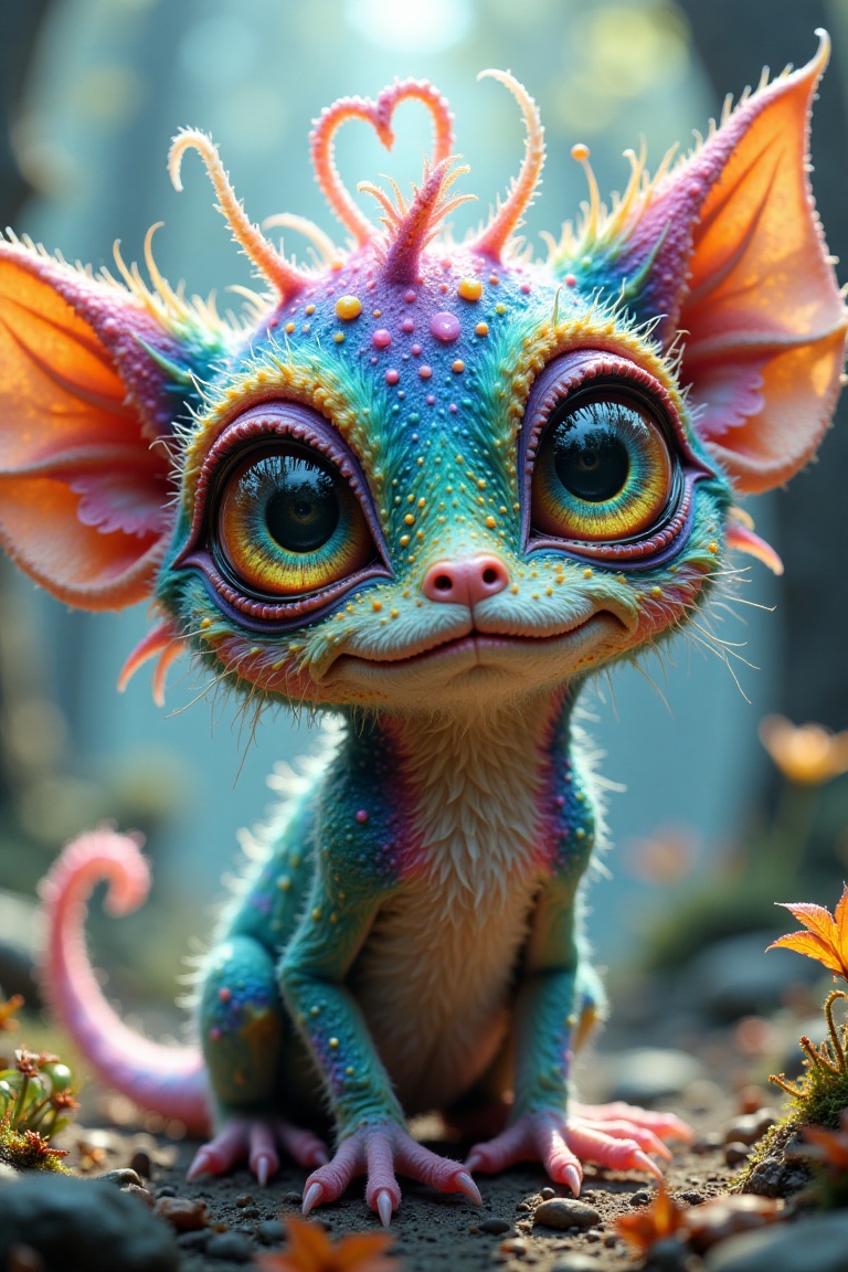 A close-up shot of a cute weirdling fantasy creature with enormous,  expressive eyes that dominate the frame. Vibrant,  co...