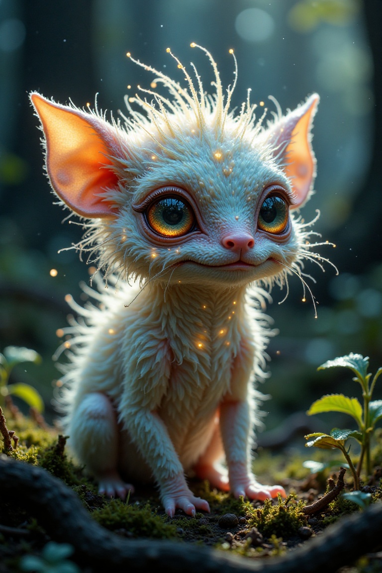 A small weirdling creature,  fluffy and radiant with soft glowing highlights,  captured in intricate detail. The shot is f...