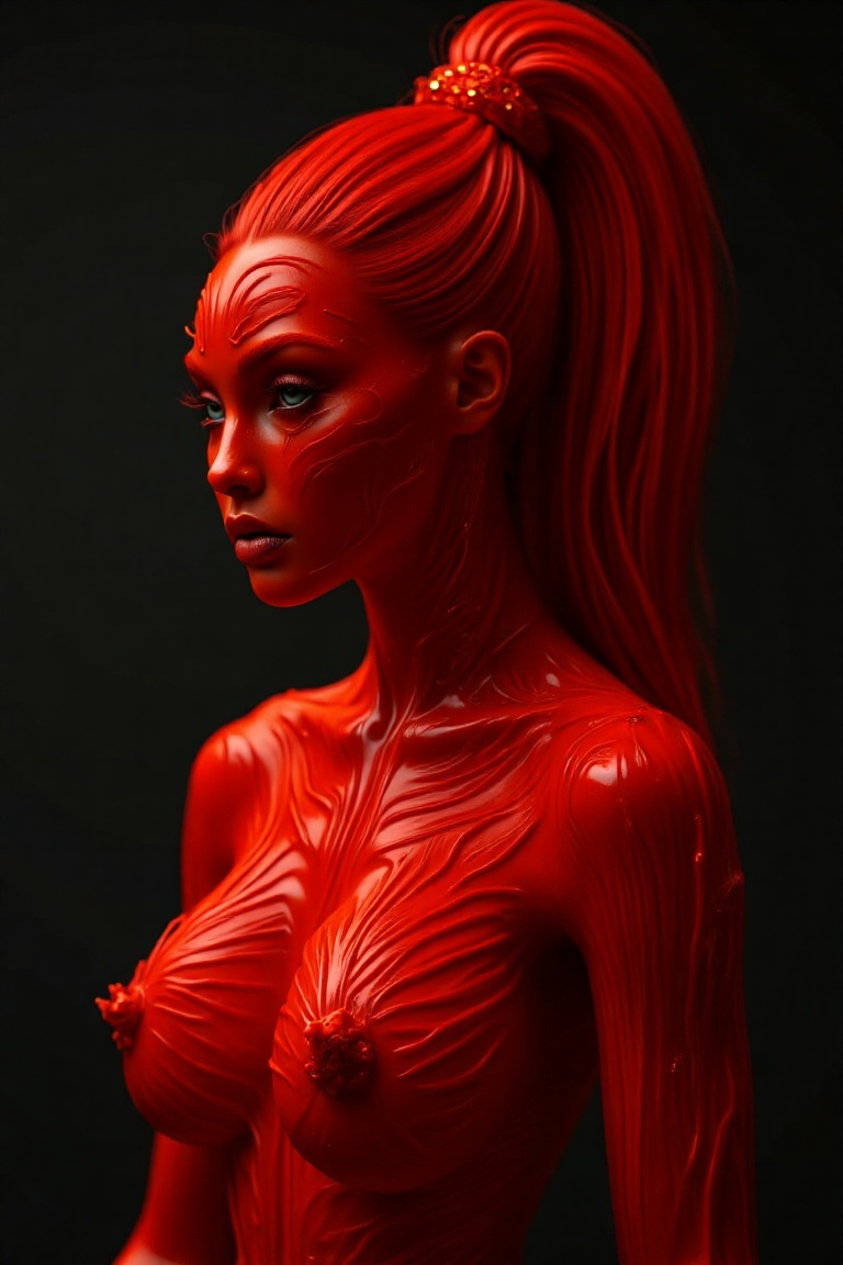 Generate a realistic image of a red-skinned alien woman. Focus on intricate details of her skin texture,  ponytail hairsty...