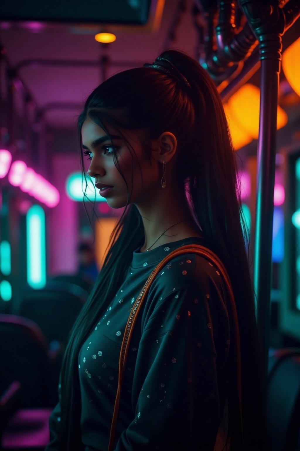 A beautiful mallu women,  teal and orange colour lighting in background,  futuristic subway on Tensor.Art