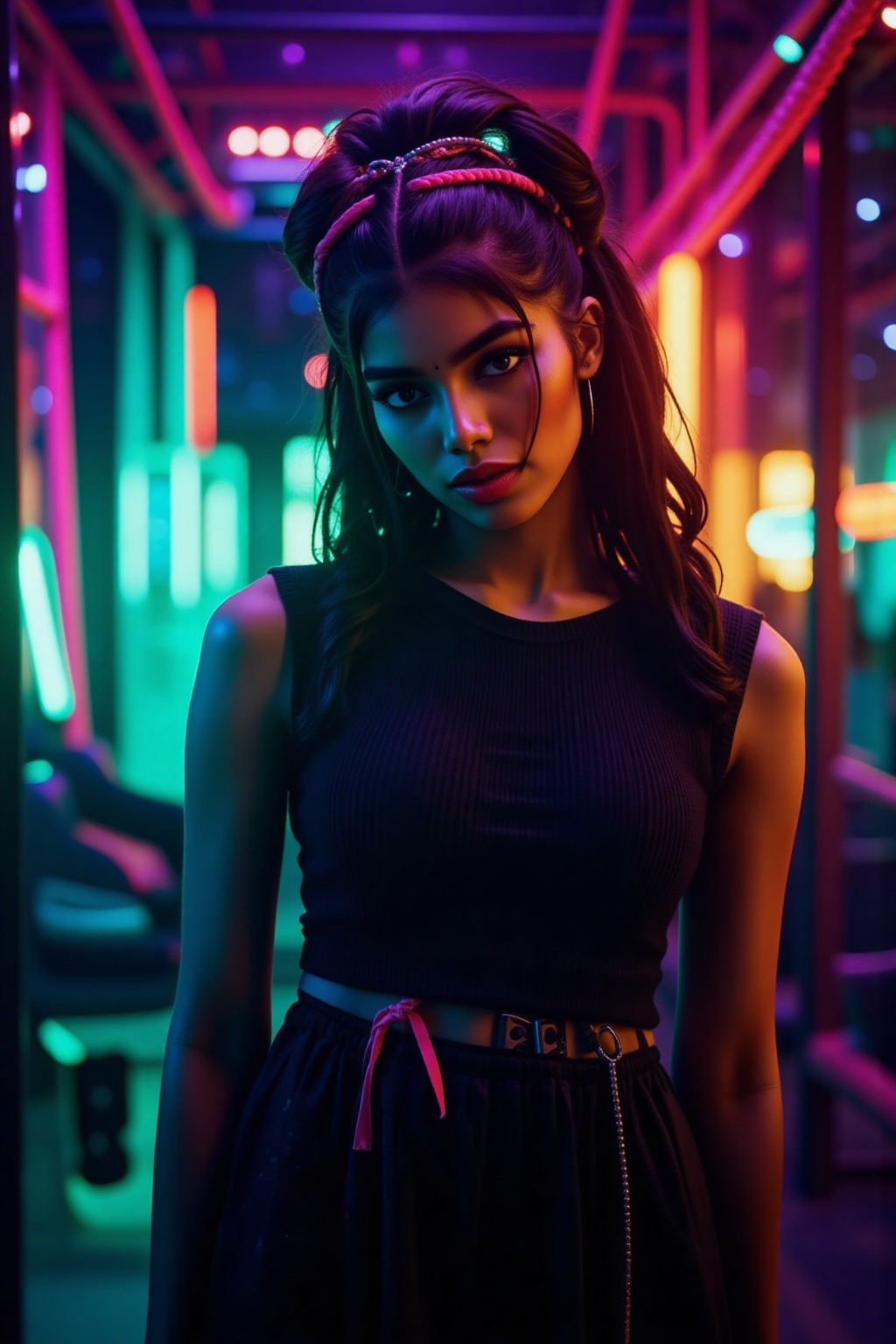 A beautiful mallu women,  teal and orange colour lighting in background,  futuristic subway on Tensor.Art