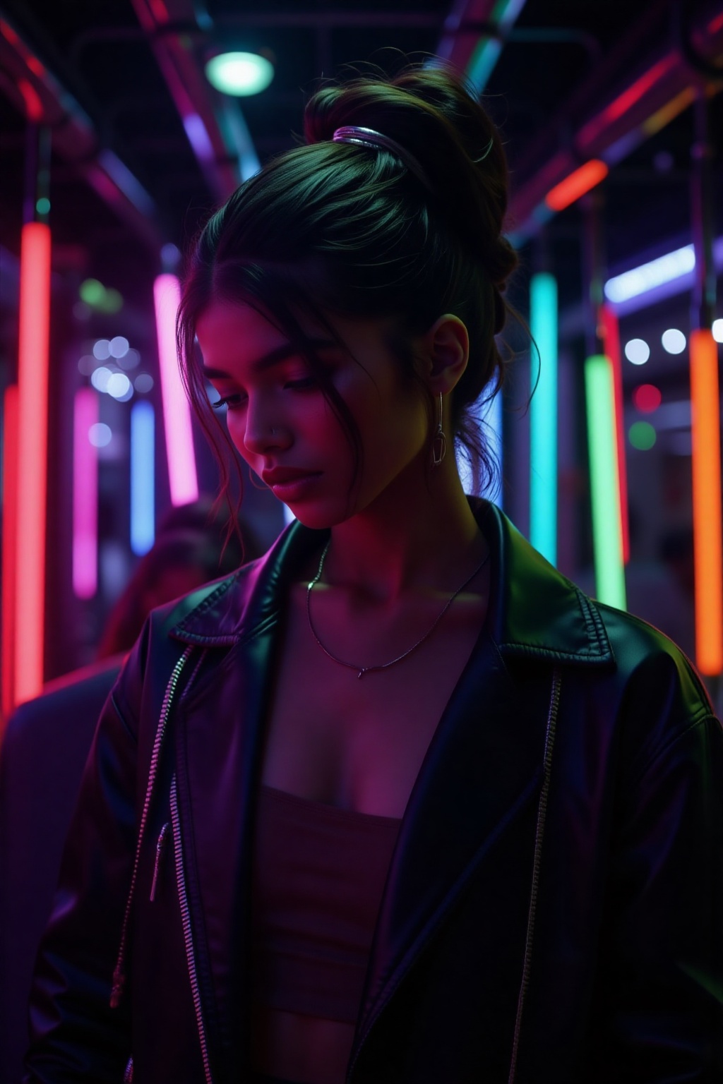 A beautiful mallu women,  teal and orange colour lighting in background,  futuristic subway on Tensor.Art