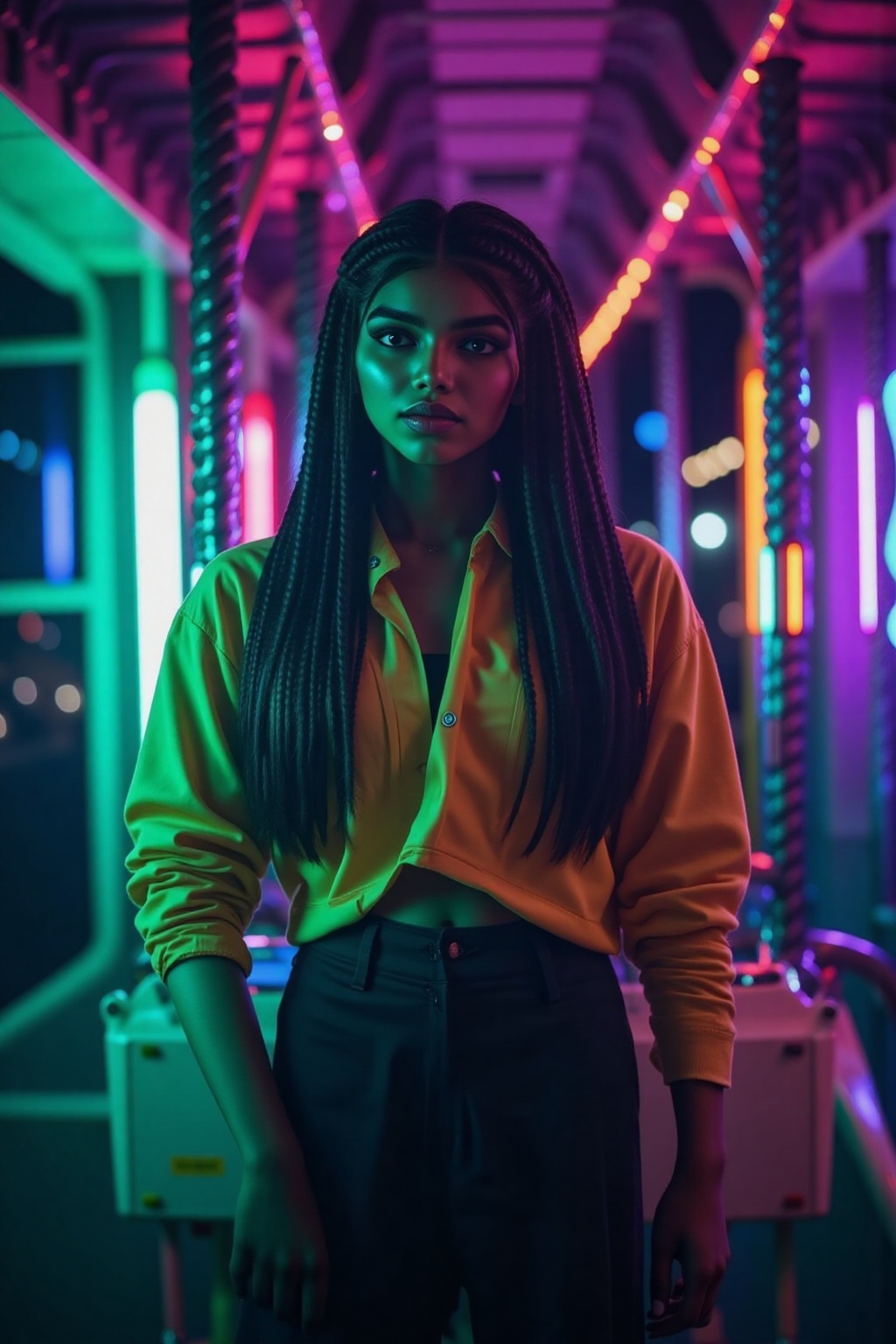 A beautiful mallu women,  teal and orange colour lighting in background,  futuristic subway on Tensor.Art